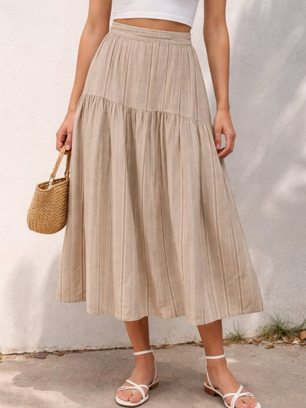 Anthropologie Beige Striped Midi Skirt